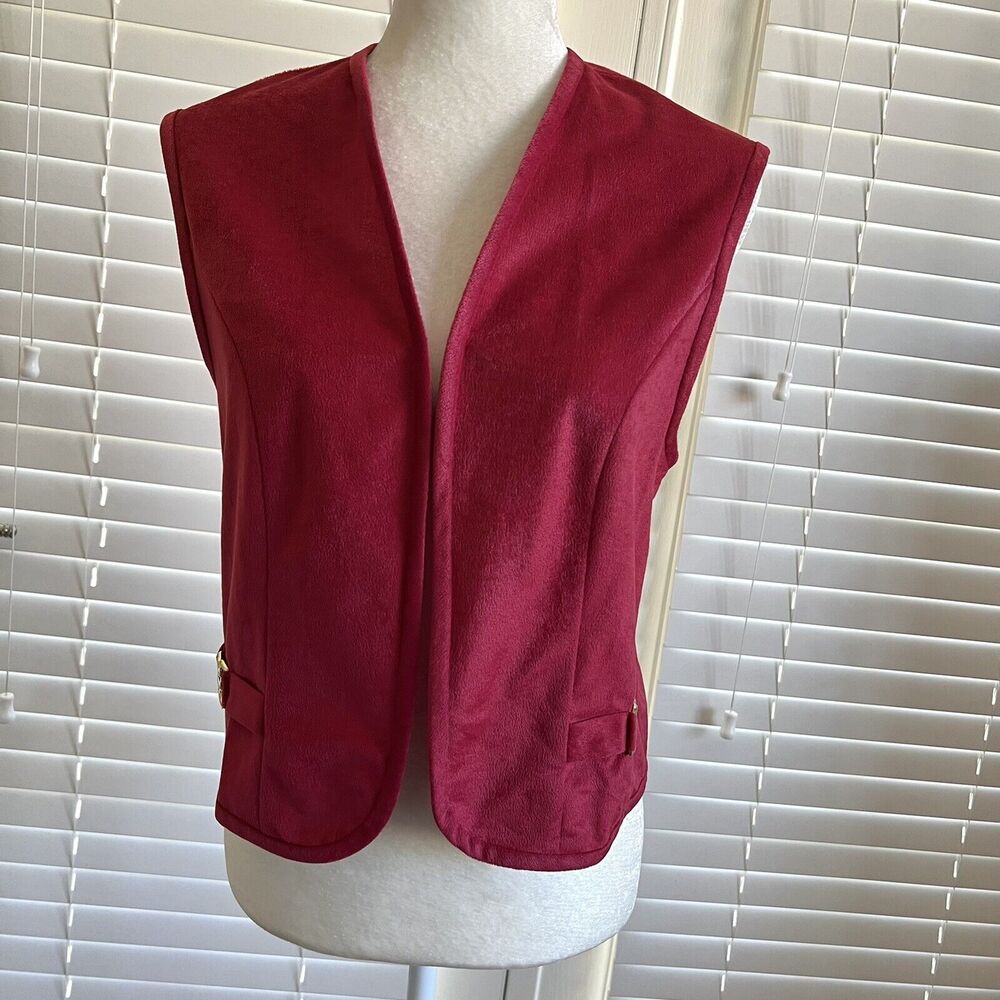 Vintage Vest Sz 10 A Red Velvet Open Front 70s 80s Gold Buckle Sides Sleeveless